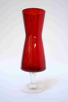 Vase, Flower, HOURGLASS W/CLEAR BASE, GLASS, RED