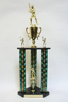 Trophy, Sport, BASEBALL, 2 CUPS W/PLAYERS, 2 SMALLER PLAYERS, 3 GREEN COLUMNS, PLASTIC, GOLD