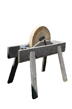 Tool, Grinder, SHARPENING / GRINDING STONE ON STAND, CONCRETE WHEEL W/SHORT BENCH END, RUSTIC, WOOD, BROWN