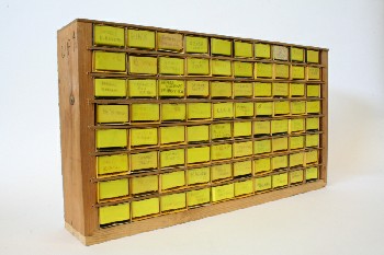 Cabinet, Parts, 8x10, 80 YELLOW BULLET BOX DRAWERS IN WOOD FRAME, LABELED FOR PARTS, WOOD, YELLOW