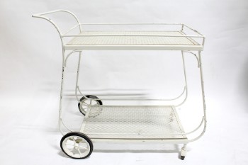 Cart, Trolley, ANTIQUE FLOWER/GARDEN STYLE, PERFORATED MESH LEVELS, ROLLING, 2 REAR WHEELS & END HANDLE, AGED - Condition Not Identical To Photo, May Be More Aged Than Shown, METAL, WHITE