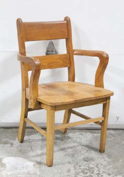 Chair, School, SCHOOL,2 SLAT BACK W/ROUNDED ARMS,WATER DAMAGED , WOOD, BROWN
