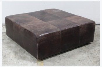 Ottoman, Square, TOP HAS SQUARE PATCHWORK LOOK, FOOT REST, SLIGHTLY AGED, LEATHER, BROWN