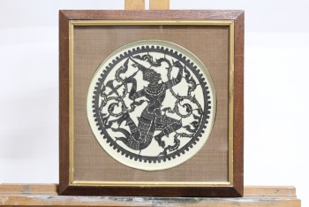 Art, Asian, CLEARABLE, RELIGIOUS, GOD/GODDESS FIGURE IN CIRCLE, SQUARE FRAME W/BROWN TEXTURED MATTING, THAILAND, WOOD, BROWN