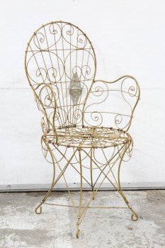 Chair, Lawn, ANTIQUE VICTORIAN STYLE, ROUNDED / PEACOCK STYLE BACK, WIRE, GARDEN, YARD, METAL, BROWN