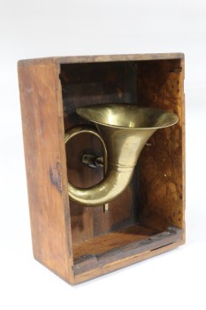 Wall Dec, Shadow Box, SMALL BROWN WOOD CRATE MADE INTO SHADOW BOX FOR HORN, MUSICAL INSTRUMENT MOUNTED TO CRATE FOR DISPLAY, WOOD, BROWN