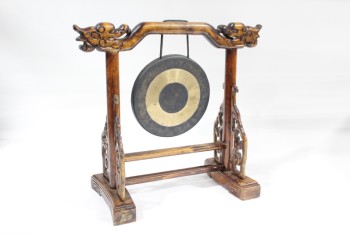 Music, Gong, VINTAGE, ROUND BRASS & BLACK METAL GONG, HAND CARVED BROWN WOOD STAND W/DRAGONS, FREESTANDING, WOOD, BROWN