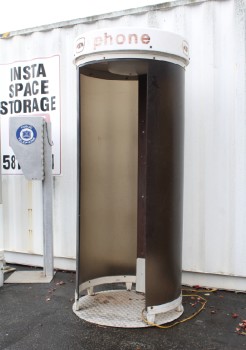 Phone, Booth, CURVED PLEXIGLAS OUTDOOR PUBLIC TELEPHONE BOOTH, WHITE UPPER SIGN PANEL, ROUND GALVANIZED BASE, CIRCA 1970 - Phones Rent Separately, PLEXIGLASS, BLACK