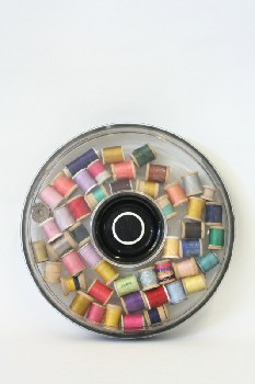 Sewing, Misc, ROUND CONTAINER OF SPOOLS OF THREAD, PLASTIC, MULTI-COLORED
