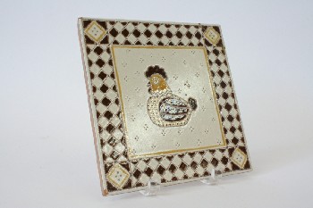 Housewares, Plate, SQUARE TILE,ROOSTER,BROWN SQUARES , TERRA COTTA, WHITE