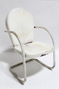 Chair, Lawn, VINTAGE SHELL BACK, RETRO, PATIO/GARDEN/MOTEL, ROUNDED ARMS, CANTILEVER, AGED/RUSTY , METAL, WHITE