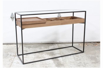 Table, Console, GLASS TOP, RECTANGULAR BLACK METAL BOX FRAME, BROWN WOOD SHELF LEVEL W/COMPARTMENTS & SLIDING TRAY, METAL, BLACK