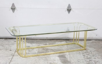 Table, Coffee Table, GOLD COLOURED FRAME W/CONNECTED BASE, CURVED RODS HOLD RECTANGULAR GLASS TOP W/ROUNDED EDGES, LATE 20TH CENTURY, GLASS, GOLD
