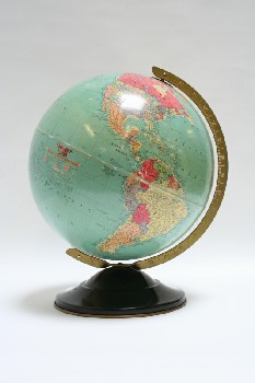 Globe, Tabletop, WORLD, GREENISH ON METAL BLACK/BROWN STAND, CARDBOARD, MULTI-COLORED