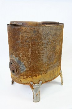 Stove, Antique, ANTIQUE OVAL TIN CAMP STOVE/HEATER,ON LEGS,SIDE VENT, 2 HOLES ON TOP (1 LID), RUSTY/AGED , METAL, RUST