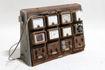 Garage, Miscellaneous , SHOP/MECHANIC,"SUN MOTOR" TESTER W/GAUGE & KNOB PANELS, 2 CABLES, RUSTED ALL OVER , METAL, RUST