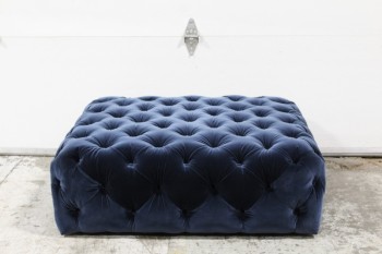 Ottoman, Square, MODERN, BUTTON TUFTED, SQUARE, WOOD DISC FEET, FOOT REST, COCKTAIL, VELVET, BLUE