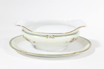 Housewares, Dish, SERVING BOWL W/ATTACHED PLATE,FLORAL PATTERN W/GOLD TRIM , CHINA, GOLD