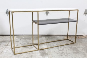 Table, Console, RECTANGULAR BRASS FRAME, WHITE MARBLE TOP, SLATE GREY MARBLE SHELF, METAL, BRASS
