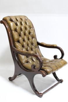 Chair, Armchair, ANTIQUE STYLE, ROUNDED SCROLL BACK, SLIPPER CHAIR, BUTTON TUFTED, TACK TRIM, CURLED ARMS W/LEATHER PADS, WOOD LEGS W/CROSS SUPPORT, DISTRESSED, AGED, LEATHER, BROWN