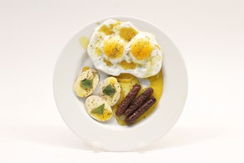 Food, Misc , FAKE BREAKFAST MEAL ON PLATE,EGGS & SAUSAGES, GLUED TO PLATE, PLASTIC, MULTI-COLORED