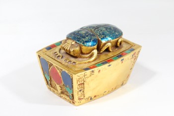 Box, Decorative, BLUE SPECKLED SCARAB BEETLE ON GOLD BOX W/LID, HIEROGLYPHS, BLUE/RED/GREEN SHAPES, RED VELVET INTERIOR, ANTIQUE, ANCIENT EGYPTIAN STYLE, PLASTER, GOLD