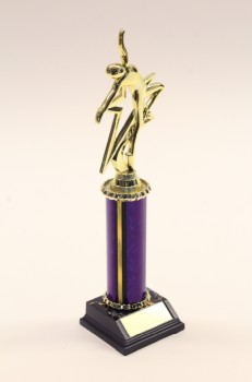 Trophy, Dance, GOLD COLOURED FIGURE IN MOTION / DANCE / CHEER / VICTORY, CUP, STARS, PURPLE COLUMN, PLASTIC, GOLD