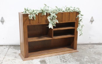 Shelf, Wood, VINTAGE BOOKSHELF W/BUILT IN PLANTER (INCLUDES FAKE PLANTS / LEAVES), 1 DIVIDED SHELF, FOR HALL / LOBBY OR SIMILAR INTERIOR, WOOD, BROWN