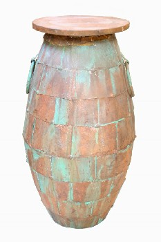 Vase, Floor, RIVETED VERDI GRIS CONTAINER W/STUDS & SIDE RINGS, COVERED WRAPPED TOP, AGED, METAL, RUST
