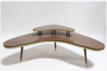 Table, Coffee Table, VINTAGE, CORNER, KIDNEY / BOOMERANG SHAPE, 2 LEVELS W/SMALLER SHELF, 3 LEGS, BRASS CAPPED FEET & TRIM, LAMINATE, BROWN