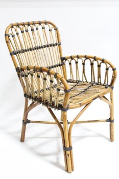 Chair, Rattan, MODERN, INDOOR / OUTDOOR, WRAPPED W/BLACK BINDING, ROUNDED BACK & ARMS, RATTAN, BROWN