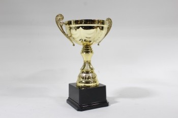 Trophy, Cup, PLAIN CUP W/HANDLES ON BLACK STEPPED BASE , PLASTIC, GOLD
