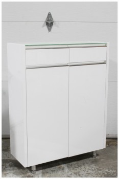 Cabinet, Misc, FROSTED GLASS TOP, 2 DRAWER & 2 DOOR, LOBBY TABLE OR KIOSK COUNTER, SLIGHTLY VISIBLE SCRATCH ON FRONT , LACQUER, WHITE