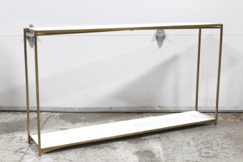 Table, Console, BRASS BOX FRAME, GLOSSY WHITE ENAMEL TOP & LOWER LEVEL, METAL, BRASS