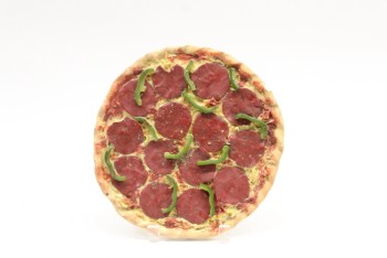 Food, Misc , FAKE PEPPERONI PIZZA W/CHEESE & GREEN PEPPERS, PLASTIC, MULTI-COLORED