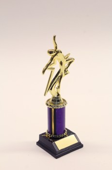 Trophy, Dance, GOLD COLOURED FIGURE IN MOTION / DANCE / CHEER / VICTORY, CUP, STARS, PURPLE COLUMN, PLASTIC, GOLD