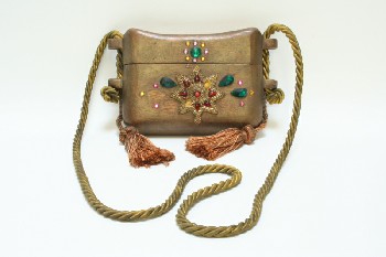 Bag, Misc, PURSE W/DECORATIVE STONES, GOLD ROPE STRAP & 2 TASSELS, WOOD, MULTI-COLORED