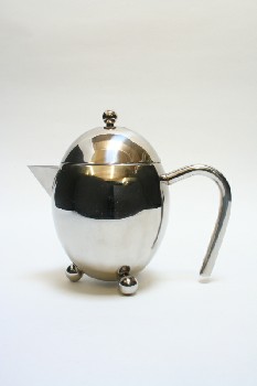 Housewares, Teapot, UPRIGHT OVAL W/LID, ANGULAR SPOUT, CURVED HANDLE & 3 FEET, STAINLESS STEEL, SILVER