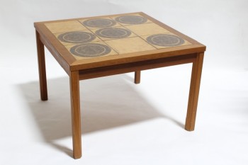 Table, Coffee Table, VINTAGE, SQUARE TILE TOP W/CIRCLES IN SQUARES, WOOD, BROWN