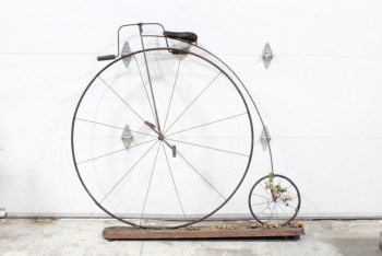 Decorative, Bicycle, OLD STYLE UNICYCLE, OUTDOOR DECOR, MOUNTED TO WOOD BASE, METAL, BROWN