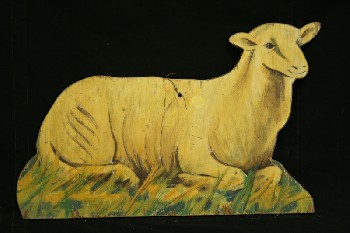 Seasonal, Christmas, VINTAGE NATIVITY SCENE CUT OUT,CONTENT LOOKING SHEEP LYING IN GRASS, WOOD, MULTI-COLORED
