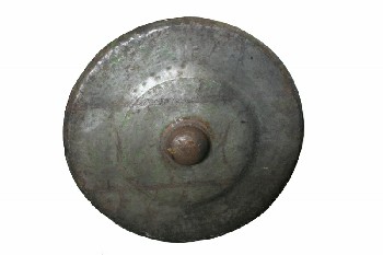 Music, Gong, ROUND GONG W/RAISED CENTRE,2 HOLES FOR HANGING, AGED, METAL, BRASS