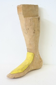 Decorative, Feet, VINTAGE LEG & FOOT FORM,BOOT (RIGHT) & SHIN SHAPED, YELLOW TOP OF FOOT, WOOD, BROWN
