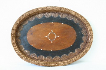 Decorative, Tray, OVAL, INLAID SMALL TRIANGLES, WICKER WRAPPED EDGE, BLACK & BROWN CENTRE, ANTIQUE, WOOD, BROWN