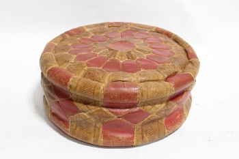 Ottoman, Pouf, POUFFE, ROUND, MOROCCAN / BOHEMIAN LOOK W/STARBURST PATTERN, BROWN & RED PANELS, FOOT REST - Condition Not Identical To Photo, LEATHER, BROWN