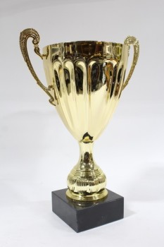 Trophy, Cup, CUP W/HANDLES ON BLACK SQUARE BASE (5x5x2"), PLASTIC, GOLD