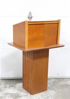 Podium, Slanted Top, LECTERN, ANGLED TOP W/2 MIC/CORD HOLES, FLUTED POST, 2 PIECES, WOOD, BROWN