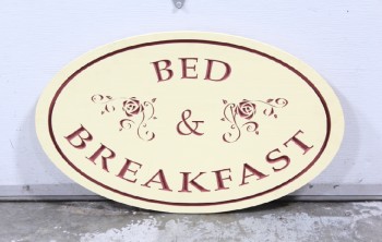 Sign, Misc, CLEARABLE, OVAL, "BED & BREAKFAST", ROSES, FLOWERS, HANGING, WOOD, CREAM