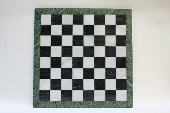 Game, Chess Board, CHESS/CHECKERS,BLACK & WHITE TILES,GREEN TRIM, STONE, MULTI-COLORED