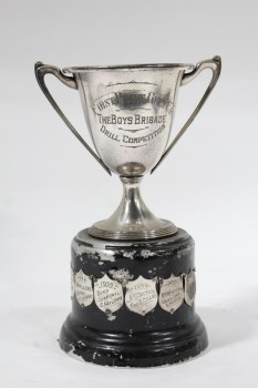 Trophy, Cup, VINTAGE, W/HANDLES, "THE BOYS BRIGADE", PLAQUES ON BASE FROM 1936-1958, AGED, METAL, SILVER
